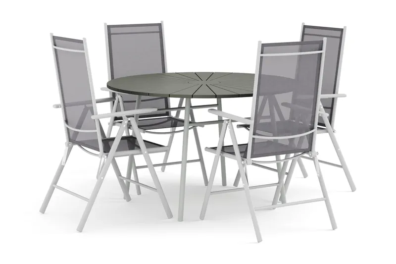 Tunis utendørs rund spisegruppe 120 cm med 4 Maggie regulerbare stoler, Hvit/Grå