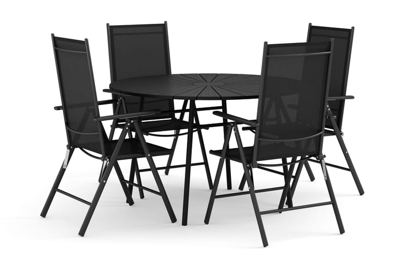 Tunis utendørs rund spisegruppe 120 cm med 4 Maggie regulerbare stoler, Svart/Svart