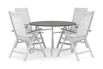 Tunis utendørs rund spisegruppe 120 cm med 4 Monaco Light regulerbare stoler - Hvit/Grå - Hagemøbler & utemiljø - Hagegruppe - Spisegrupper hage