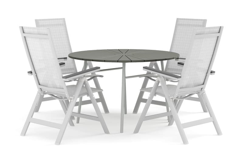 Tunis utendørs rund spisegruppe 120 cm med 4 Monaco Light regulerbare stoler, Hvit/Grå