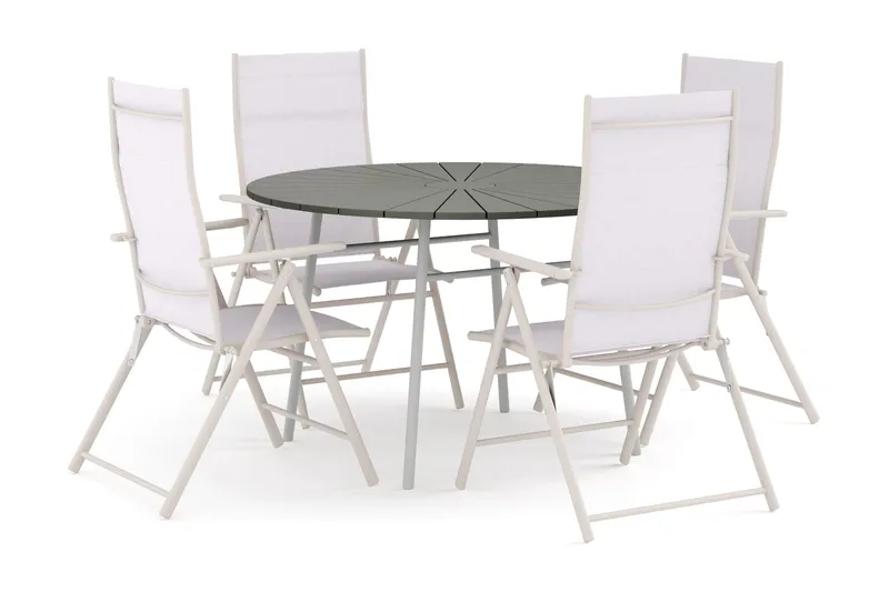 Tunis utendørs rund spisegruppe 120 cm med 4 regulerbare stoler, Hvit/grå