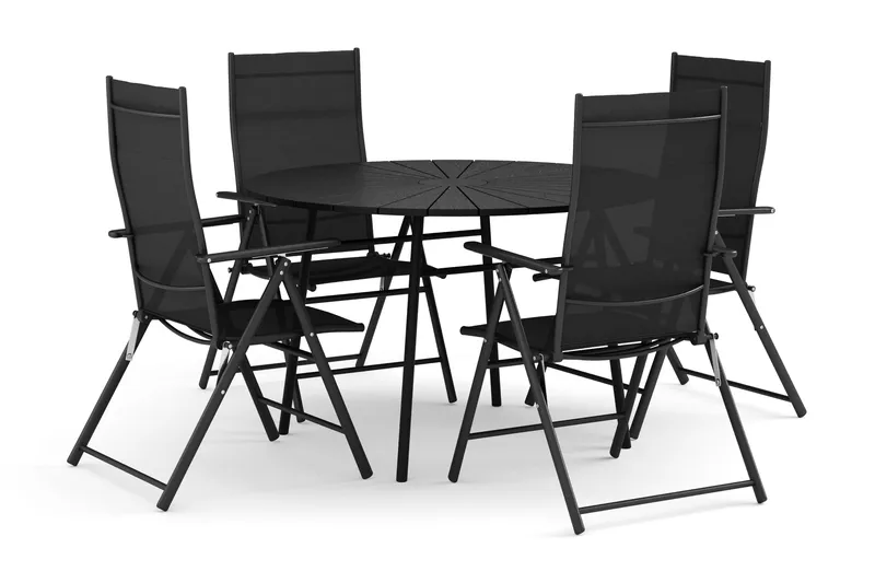 Tunis utendørs rund spisegruppe 120 cm med 4 regulerbare stoler, Svart/svart