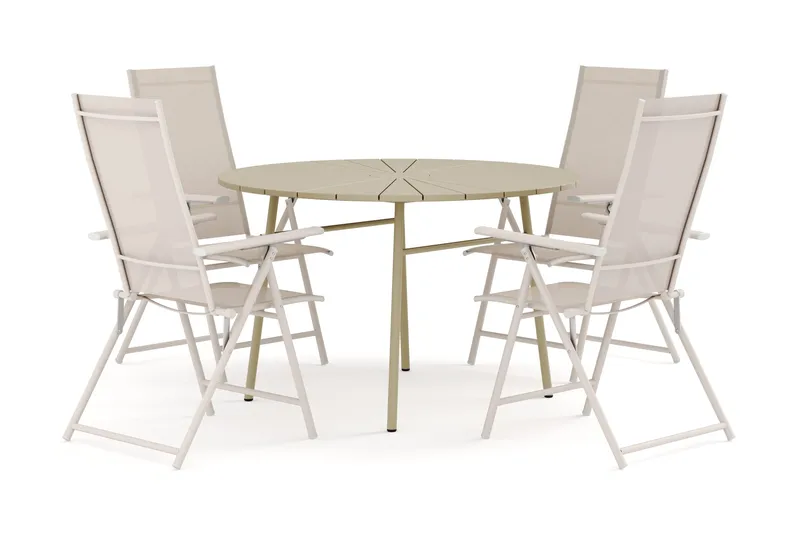 Tunis utendørs rund spisegruppe 120 cm med 4 Sanna regulerbare stoler, Beige/Beige