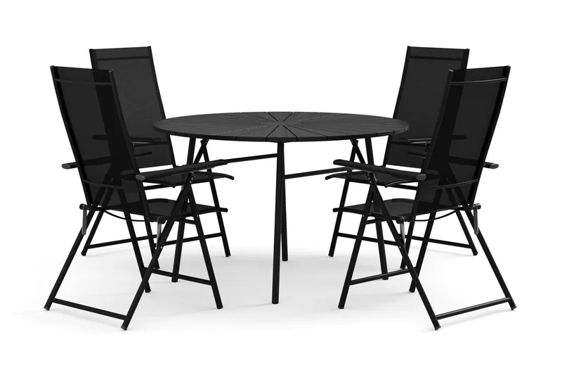Tunis utendørs rund spisegruppe 120 cm med 4 Sanna regulerbare stoler, Svart/Svart