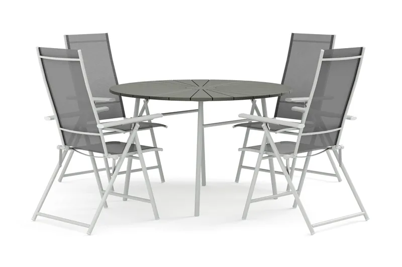 Tunis utendørs rund spisegruppe 120 cm med 4 Sanna posisjonsstoler, Hvit/Grå