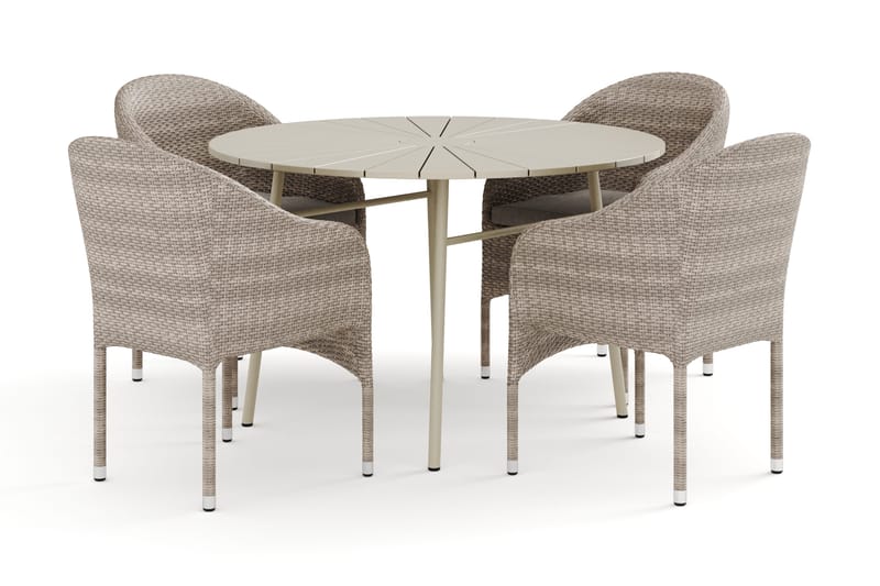 Tunis utendørs rund spisegruppe 120 cm med 4 Thor lenestoler, Beige/Beige