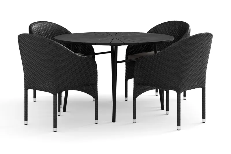 Tunis utendørs rund spisegruppe 120 cm med 4 Thor lenestoler, Svart/Svart