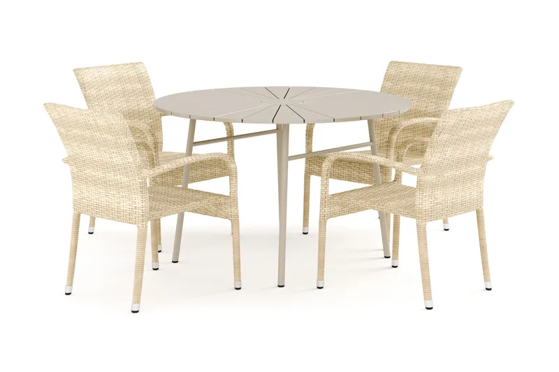 Tunis utendørs rund spisegruppe 120 cm med 4 Thor Light utelenestoler, Beige/beige