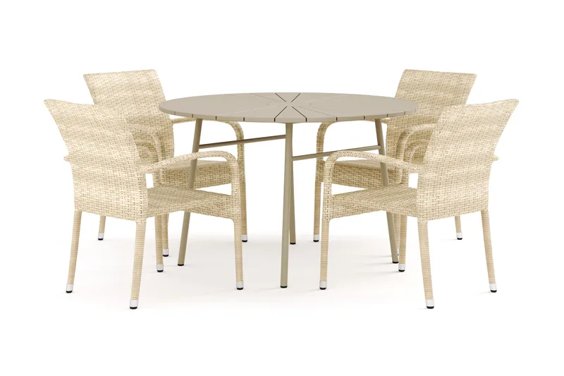 Tunis utendørs rund spisegruppe 120 cm med 4 Thor Light utelenestoler, Beige/beige