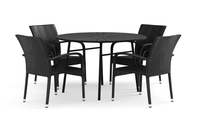 Tunis utendørs rund spisegruppe 120 cm med 4 Thor Light uterlenestoler, Svart/Svart