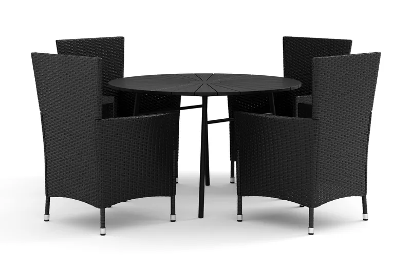 Tunis utendørs rund spisegruppe 120 cm med 4 Thor utefåtøljer, Svart/svart