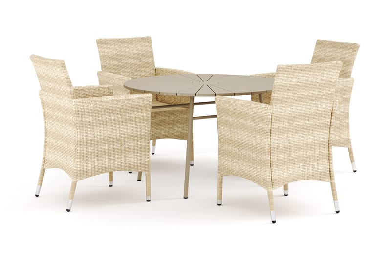 Tunis utendørs rund spisegruppe 120 cm med 4 Thor utendørs lenestoler, Beige/Beige
