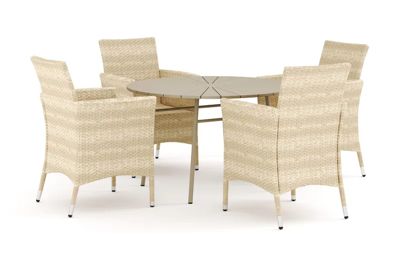 Tunis utendørs rund spisegruppe 120 cm med 4 Thor utendørs lenestoler, Beige/Beige