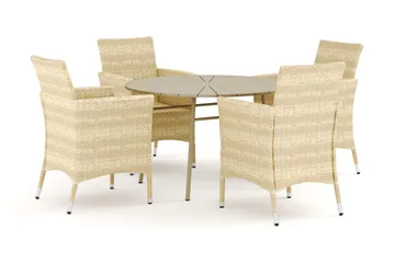 Tunis utendørs rund spisegruppe 120 cm med 4 Thor utendørs lenestoler - Beige/Beige - Hagemøbler & utemiljø - Hagegruppe - Spisegrupper hage