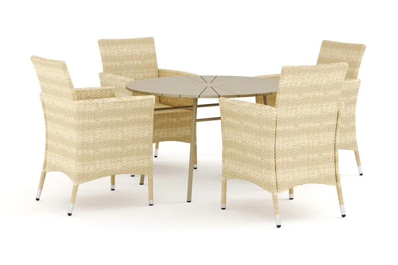 Tunis utendørs rund spisegruppe 120 cm med 4 Thor utendørs lenestoler, Beige/Beige