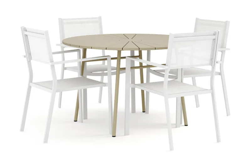 Tunis utendørs rund spisegruppe 120 cm med 4 Tunis stablestoler, Hvit/Grå