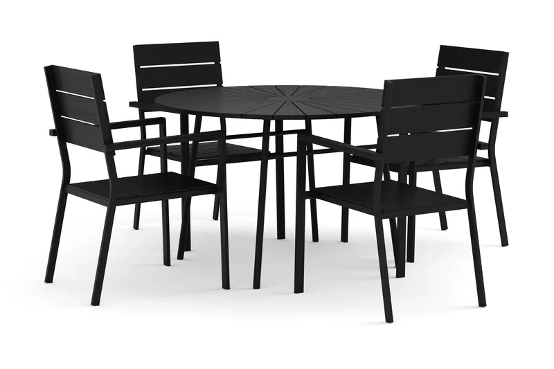 Tunis utendørs rund spisegruppe 120 cm med 4 Tunis stablestoler, Svart/Svart