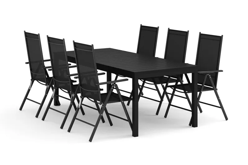 Tunis utendørs spisegruppe, uttrekkbar, 205/305x90 cm med 6 Maggie regulerbare stoler, Svart/svart