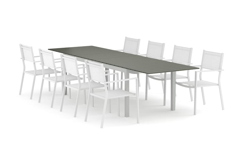 Tunis utendørs spisegruppe, uttrekkbar, 205/305x90 cm med 8 Tunis stablestoler, Hvit/Grå