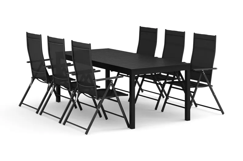 Tunis utendørs spisegruppe, uttrekkbar 205/305x90 cm, med 6 regulerbare stoler, Svart/Svart