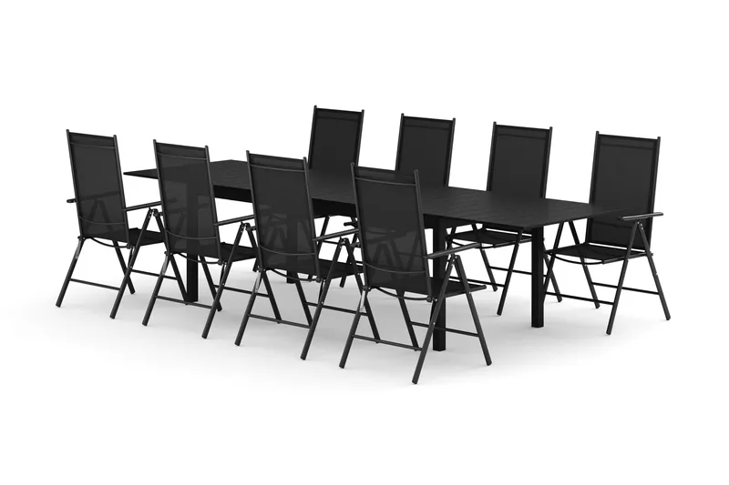 Tunis utendørs spisegruppe, uttrekkbar 205/305x90 cm, med 8 Maggie regulerbare stoler, Svart/Svart