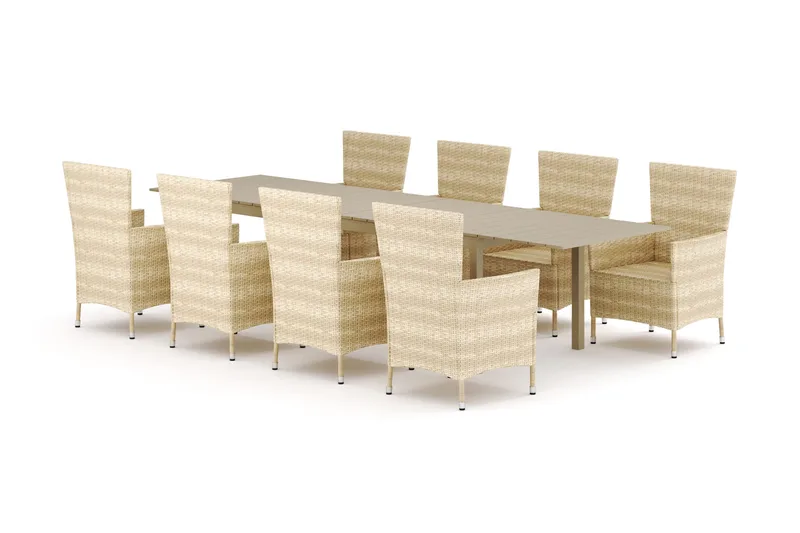 Tunis utendørs spisegruppe, uttrekkbar 205/305x90 cm, med 8 Thor lenestoler, Beige/Beige