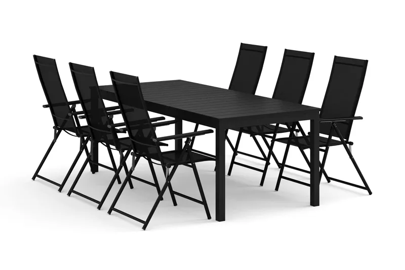 Tunis utendørs spisegruppe, uttrekkbar 205/305x90 cm med 6 Sanna regulerbare stoler, Svart/svart