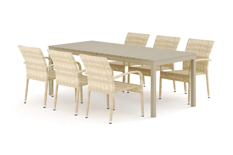 Tunis utendørs spisegruppe, uttrekkbar 205/305x90 cm med 6 Thor Light utelenestoler, Beige/beige