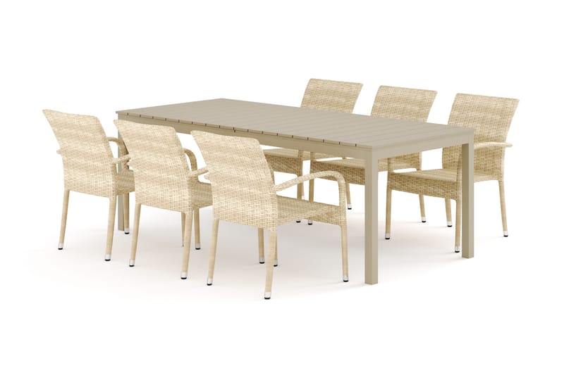 Tunis utendørs spisegruppe, uttrekkbar 205/305x90 cm med 6 Thor Light utelenestoler, Beige/beige