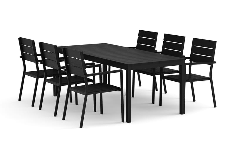 Tunis utendørs spisegruppe, uttrekkbar 205/305x90 cm med 6 Tunis stablestoler, Svart/Svart