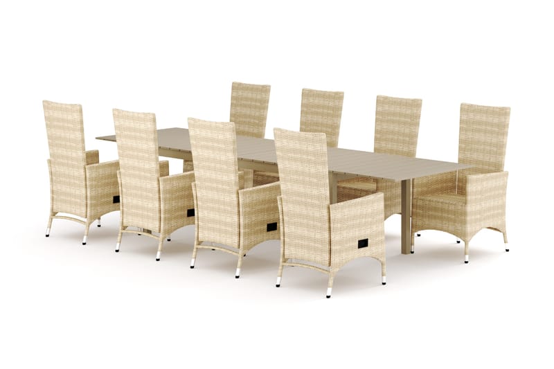 Tunis utendørs spisegruppe, uttrekkbar 205/305x90 cm med 8 Jenny spisestoler, Beige/Beige