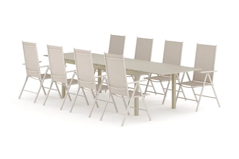 Tunis utendørs spisegruppe, uttrekkbar 205/305x90 cm med 8 Maggie regulerbare stoler, Beige/Beige