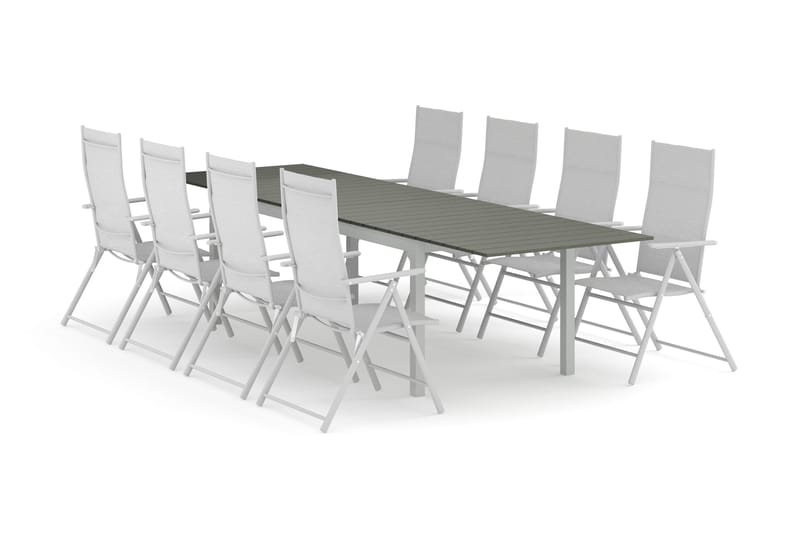 Tunis utendørs spisegruppe, uttrekkbar 205/305x90 cm med 8 regulerbare stoler, Hvit/grå