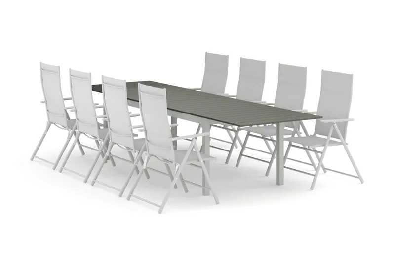 Tunis utendørs spisegruppe, uttrekkbar 205/305x90 cm med 8 regulerbare stoler, Hvit/grå