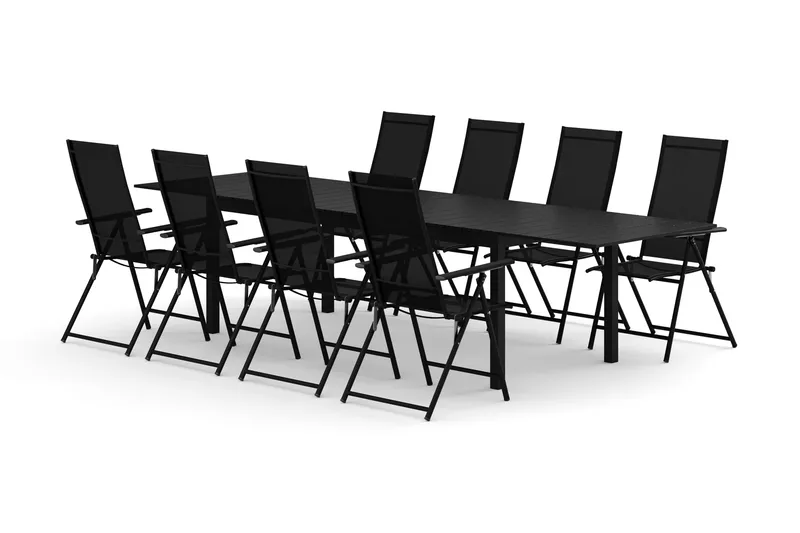 Tunis utendørs spisegruppe, uttrekkbar 205/305x90 cm med 8 Sanna regulerbare stoler, Svart/svart