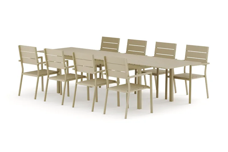 Tunis utendørs spisegruppe, uttrekkbar 205/305x90 cm med 8 Tunis stablebare stoler, Beige/Beige