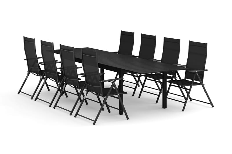 Tunis utendørs spisegruppe, uttrekkbar 205/305x90 cm med 8 posisjonsstoler, Svart/Svart