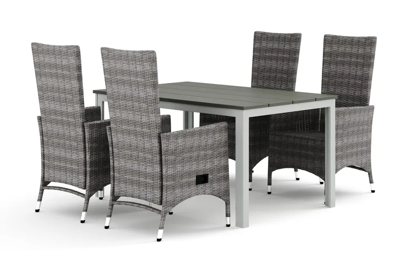 Tunis utendørs spisegruppe 140x90 cm med 4 Jenny spisestoler, Hvit/Grå