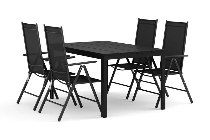 Tunis utendørs spisegruppe 140x90 cm med 4 Maggie posisjonsstoler, Svart/Svart