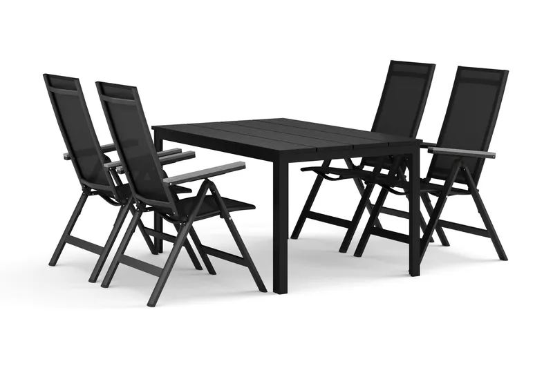 Tunis utendørs spisegruppe 140x90 cm med 4 Monaco Light regulerbare stoler, Svart/svart