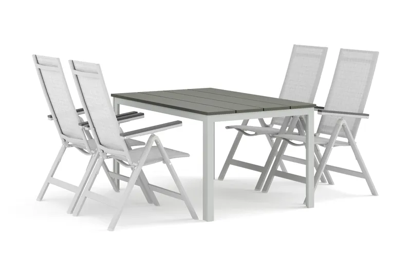 Tunis utendørs spisegruppe 140x90 cm med 4 Monaco Light posisjonsstoler, Hvit/Grå