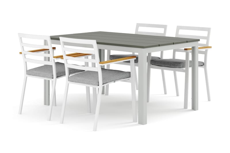 Tunis utendørs spisegruppe 140x90 cm med 4 Oliver karmstoler med pute, Hvit/grå