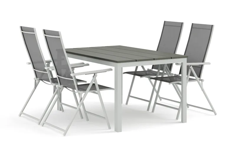Tunis utendørs spisegruppe 140x90 cm med 4 Sanna posisjonsstoler, Hvit/Grå