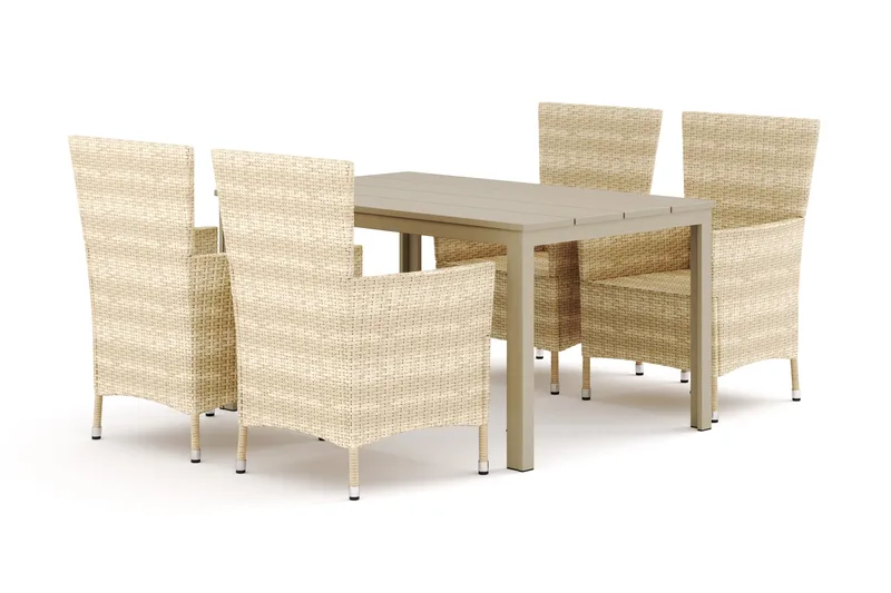 Tunis utendørs spisegruppe 140x90 cm med 4 Thor hagelenestoler, Beige/Beige