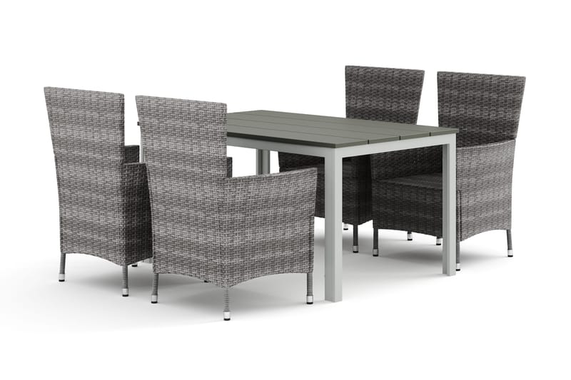 Tunis utendørs spisegruppe 140x90 cm med 4 Thor hagelenestoler, Hvit/Grå