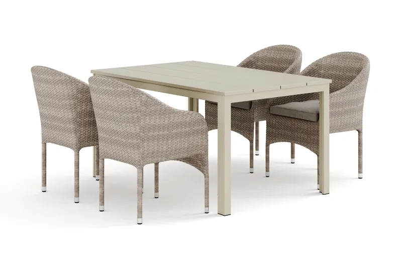 Tunis utendørs spisegruppe 140x90 cm med 4 Thor lenestoler, Beige/Beige
