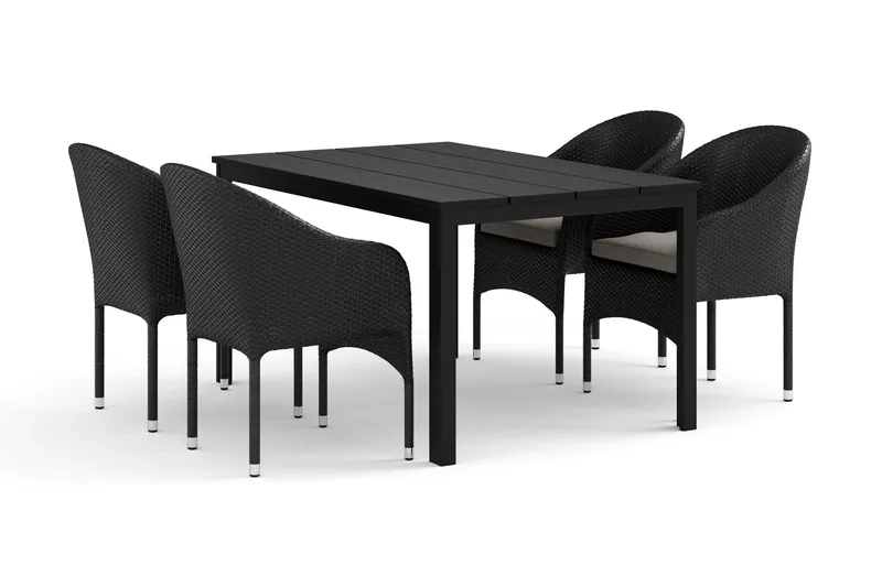 Tunis utendørs spisegruppe 140x90 cm med 4 Thor lenestoler, Svart/svart
