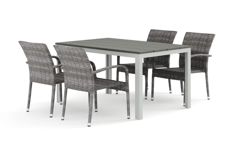 Tunis utendørs spisegruppe 140x90 cm med 4 Thor Light utendørs lenestoler, Hvit/Grå
