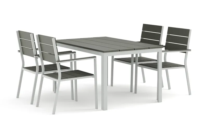 Tunis utendørs spisegruppe 140x90 cm med 4 Tunis stablebare stoler, Hvit/grå