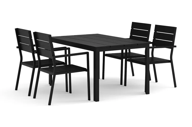 Tunis utendørs spisegruppe 140x90 cm med 4 Tunis stablebare stoler, Svart/Svart